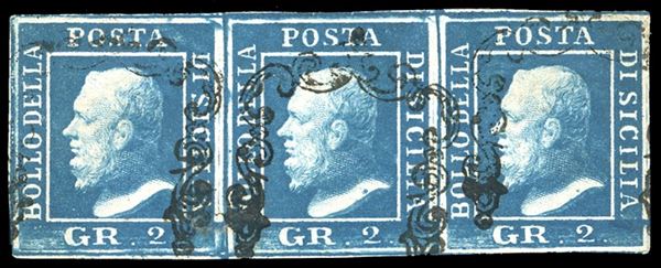 1859 - 2 grana azzurro vivo, carta di Napoli, III tavola (8c), striscia orizzontale di tre, perfetta, leggermente annullata. Molto bella. E.Diena, cert. Ferrario. Ex coll. Imperato.
