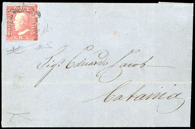 1859, 5 grana rosa carminio, tavola isolata su lettera da Messina a Catania