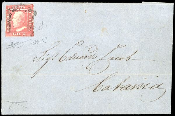 1859 - 5 grana rosa carminio, I tavola, perfetto, isolato su lettera di due fogli e mezzo da Messina 20/7/1859 a Catania, all'interno della Sicilia. ECCEZIONALE E RARISSIMO USO ISOLATO di questo francobollo. Firmata Alberto Diena, Ferrario, cert. Bottacchi e Raybaudi. Ex coll. Provera.