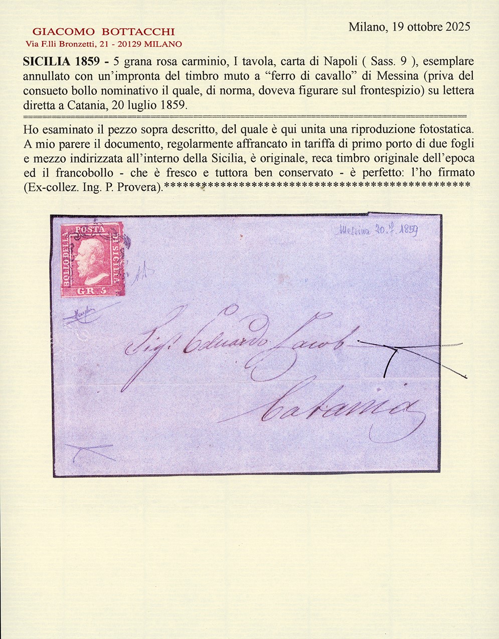 1859, 5 grana rosa carminio, tavola isolata su lettera da Messina a Catania