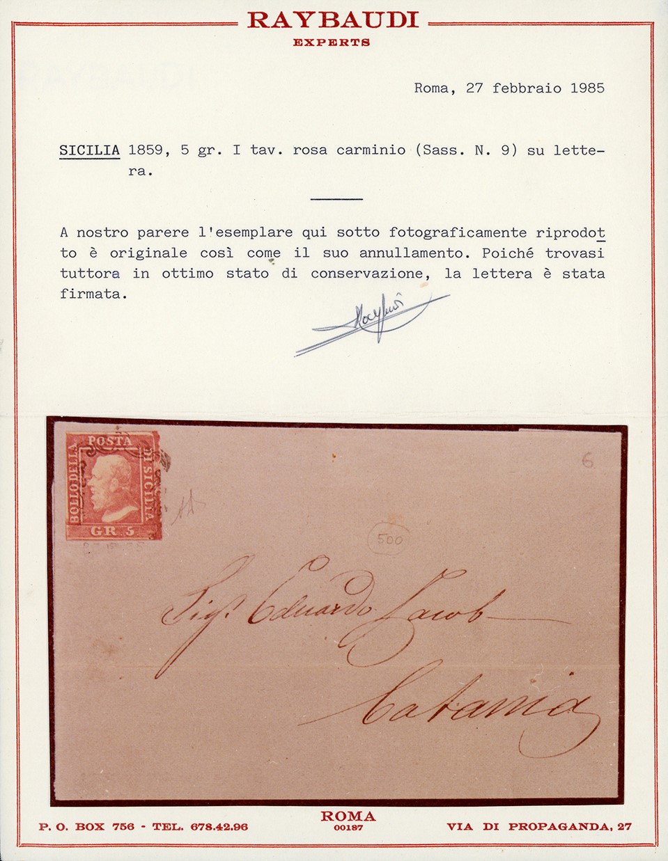 1859, 5 grana rosa carminio, tavola isolata su lettera da Messina a Catania