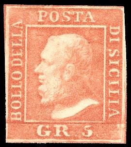 1859 - 5 grana vermiglio chiaro, I tavola (10), nuovo, gomma originale, perfetto. A.Diena, Ferrario.