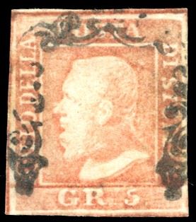 1859 - 5 grana vermiglio chiaro, I tavola (10), usato, perfetto. Ferrario, cert. A.Diena e Colla.