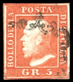 1859 - 5 grana vermiglio, II tavola (11), usato, perfetto e molto fresco. Giulio Bolaffi, A.Diena, Ferrario, cert. Colla e Sorani.