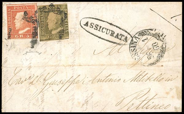 1860 - 5 grana vermiglio, II tavola, perfetto e ben marginato, 1 grano oliva brunastro, II tavola, tre ampi margini, leggermente corto a destra (11,4b), su fresca assicurata da Messina 26/1/1860 a Pettineo. Molto fresca. Poche lettere note con il 5 grana della II tavola perfetto. Chiavarello, cert. A.Diena.