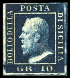 1859 - 10 grana indaco nero (12a), evidente testa d'avorio al verso, gomma originale, perfetto. Interessante e raro. Em.Diena, G.Oliva, cert. A.Diena e Ferrario.