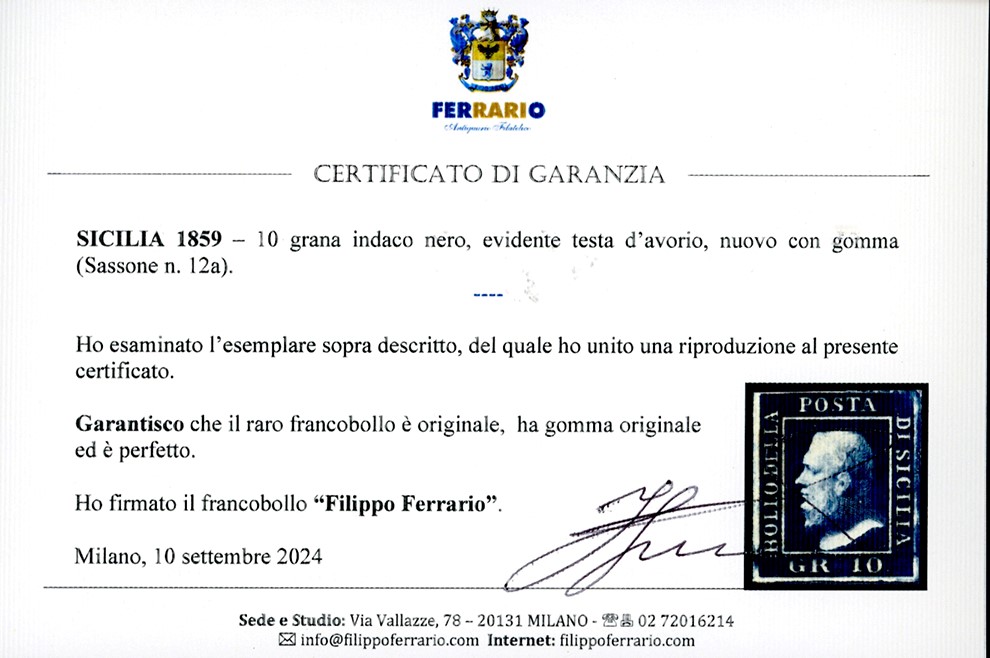 Em.Diena, 10 Grana Indaco Nero del 1859 con Testa d'Avorio al Verso