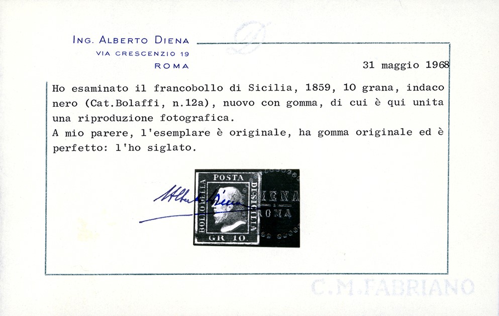 Em.Diena, 10 Grana Indaco Nero del 1859 con Testa d'Avorio al Verso