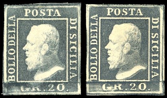 1859 - 20 grana, un esemplare grigio ardesia, uno ardesia scuro (13,13c), gomma originale, perfetti e ben marginati. Ferrario il primo, Em.Diena e cert. Sorani il secondo.