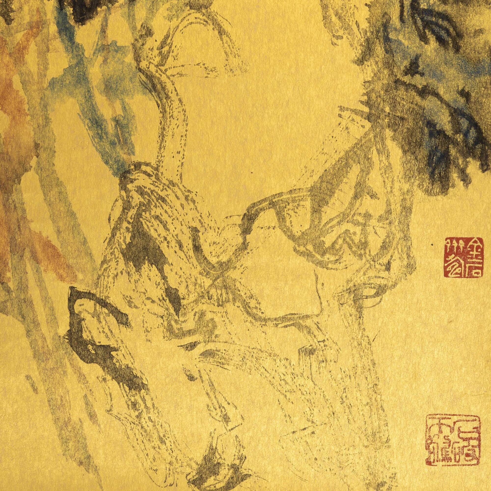 Liu Haisu, Scroll con peonie a fondo oro, iscrizioni e sigilli, Cina (Dinastia Qing), XIX secolo