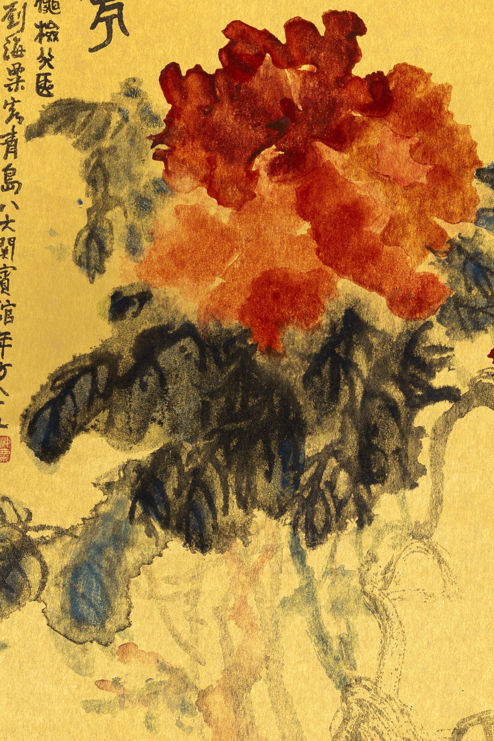 Liu Haisu, Scroll con peonie a fondo oro, iscrizioni e sigilli, Cina (Dinastia Qing), XIX secolo