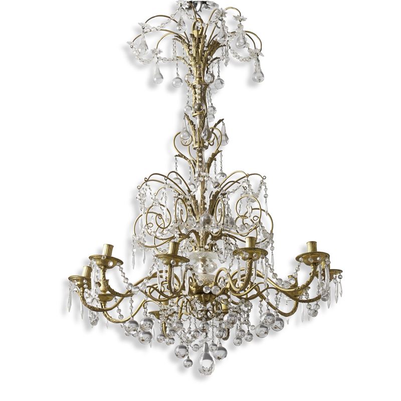 Lampadario in bronzo dorato, vetro e cristalli di Rocca. Faraday & Son (1882-1902)  - Auction Italian Mansions - Cambi Casa d'Aste