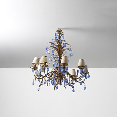 Lampadario a otto luci, metallo dorato, XX secolo