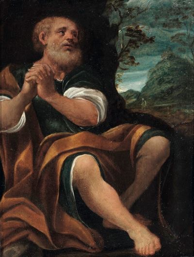 Santo in preghiera (San Pietro?), olio su rame