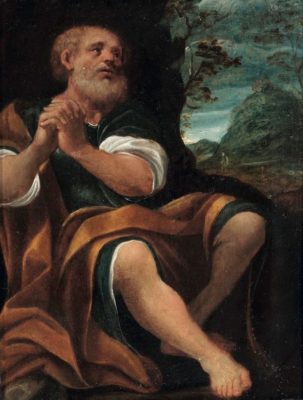 Ludovico Carracci - Un santo (San Pietro?) in preghiera in un paesaggio
