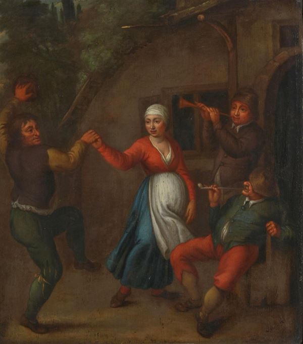 Scuola olandese del XVIII secolo Scena di genere con festa contadina