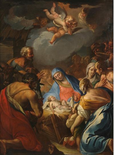 Scuola romana del XVIII secolo, Adorazione dei pastori, olio su tela