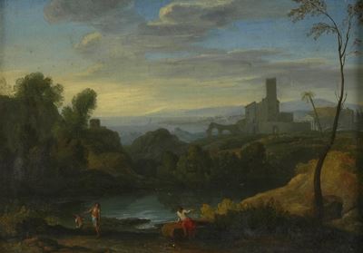 Scuola Romana, Paesaggio fluviale con figure, olio su tela