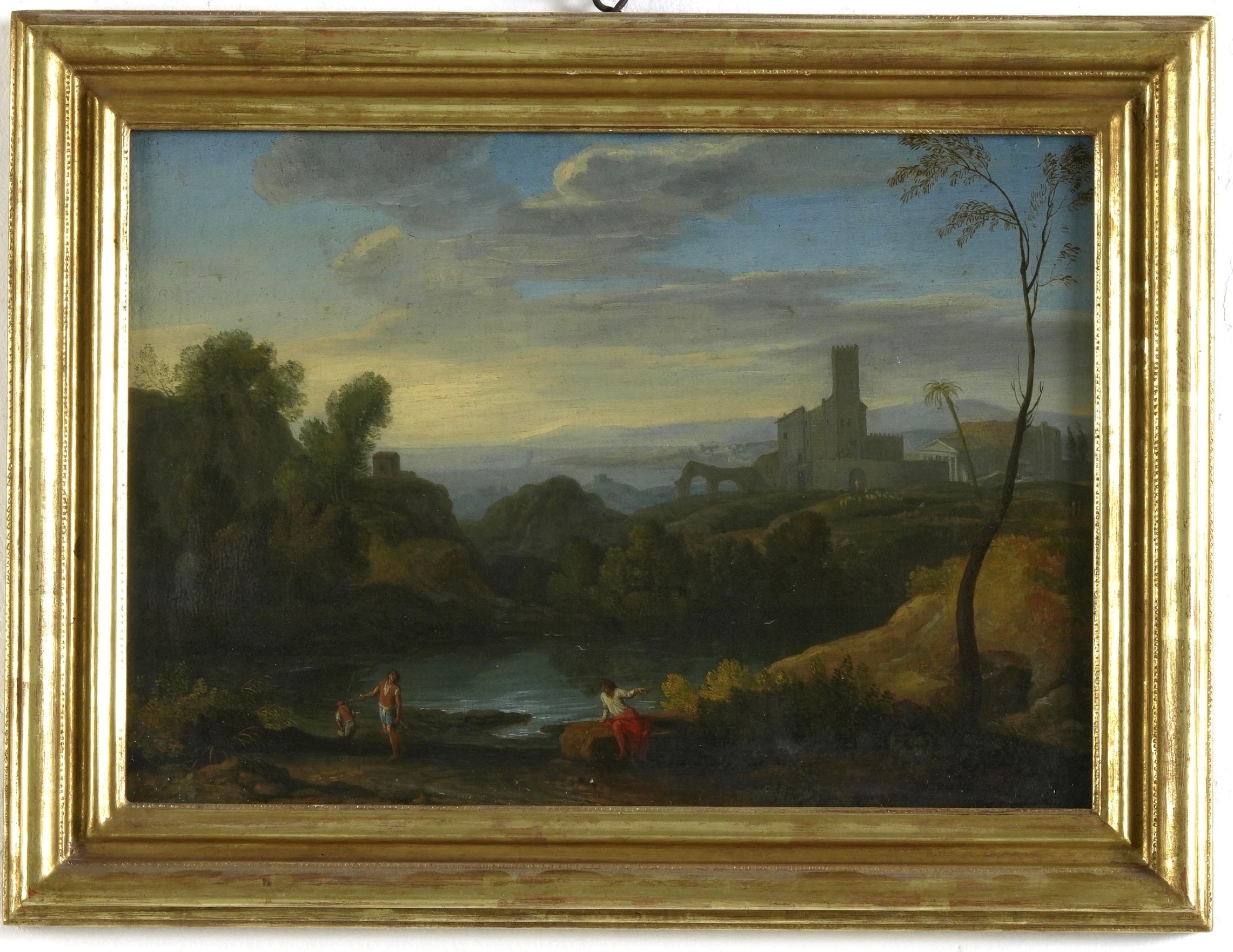 Scuola Romana, Paesaggio fluviale con figure, olio su tela