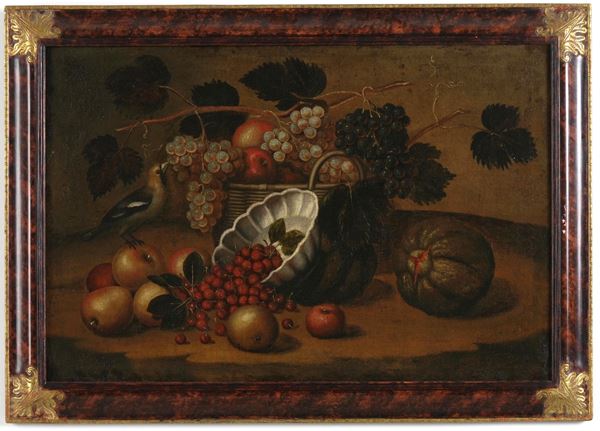 Scuola del XVII secolo Natura morta con frutta, vasellame e uccellino