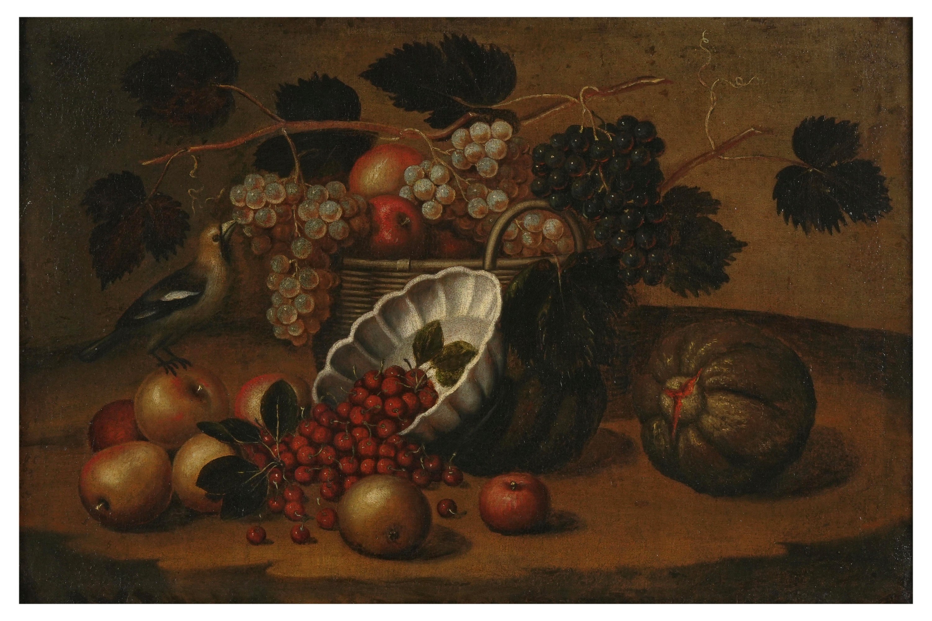 Scuola del XVII secolo, Natura morta con frutta, vasellame e uccellino, olio su tela