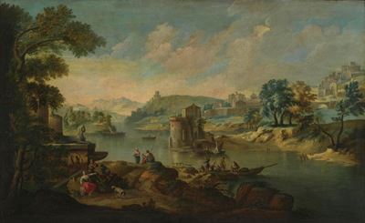 Paesaggio fluviale con pescatori e contadini, olio su tela