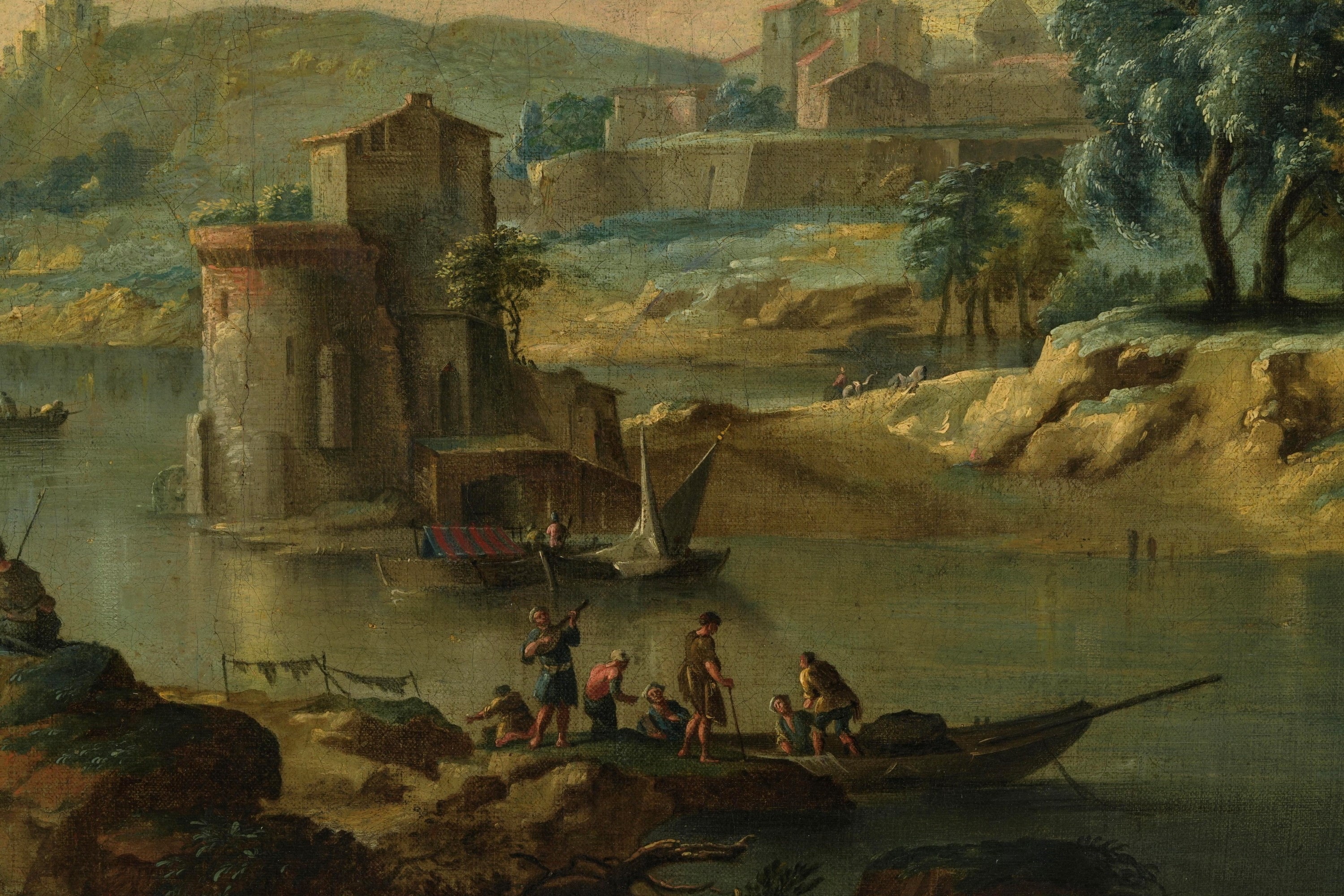 Giuseppe Zais - Paesaggio fluviale con pescatori e contadini, olio su tela
