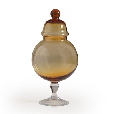 Vaso piriforme con coperchio, vetro color ocra e base trasparente