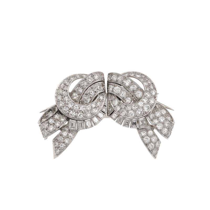 Diamond, platinum and gold double clip brooch. Mark for Cusi, Milano (20MI)  - Auction Fine Jewellery - Cambi Casa d'Aste