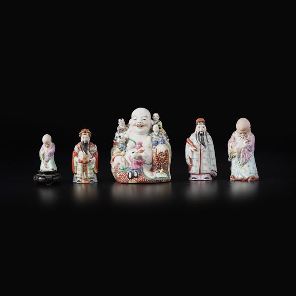 Lotto di cinque statuine orientali ceramica policroma