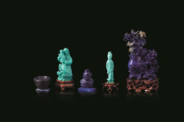 Lotto composto da cinque figure in turchese e lapislazzuli, Cina, Dinastia Qing, XIX secolo