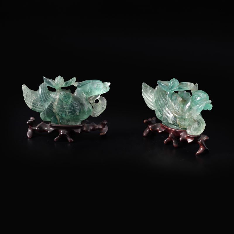 Coppia di animali fantastici in fluorite (?). Cina XX secolo