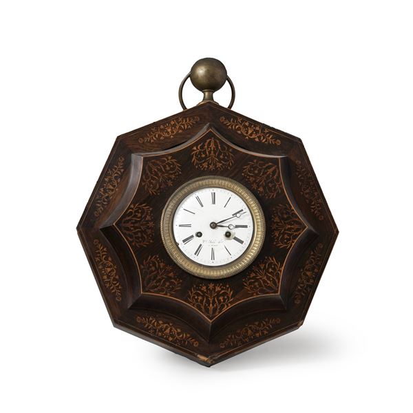Orologio da parete in legno intarsiato