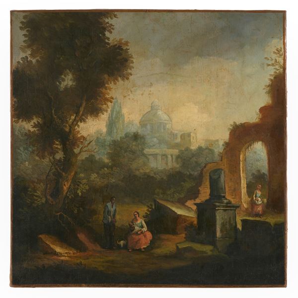 Scuola del XVIII secolo Paesaggio con figure e rovine
