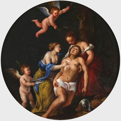 Scuola veronese, San Sebastiano curato dalle Pie donne, olio su lavagna circolare
