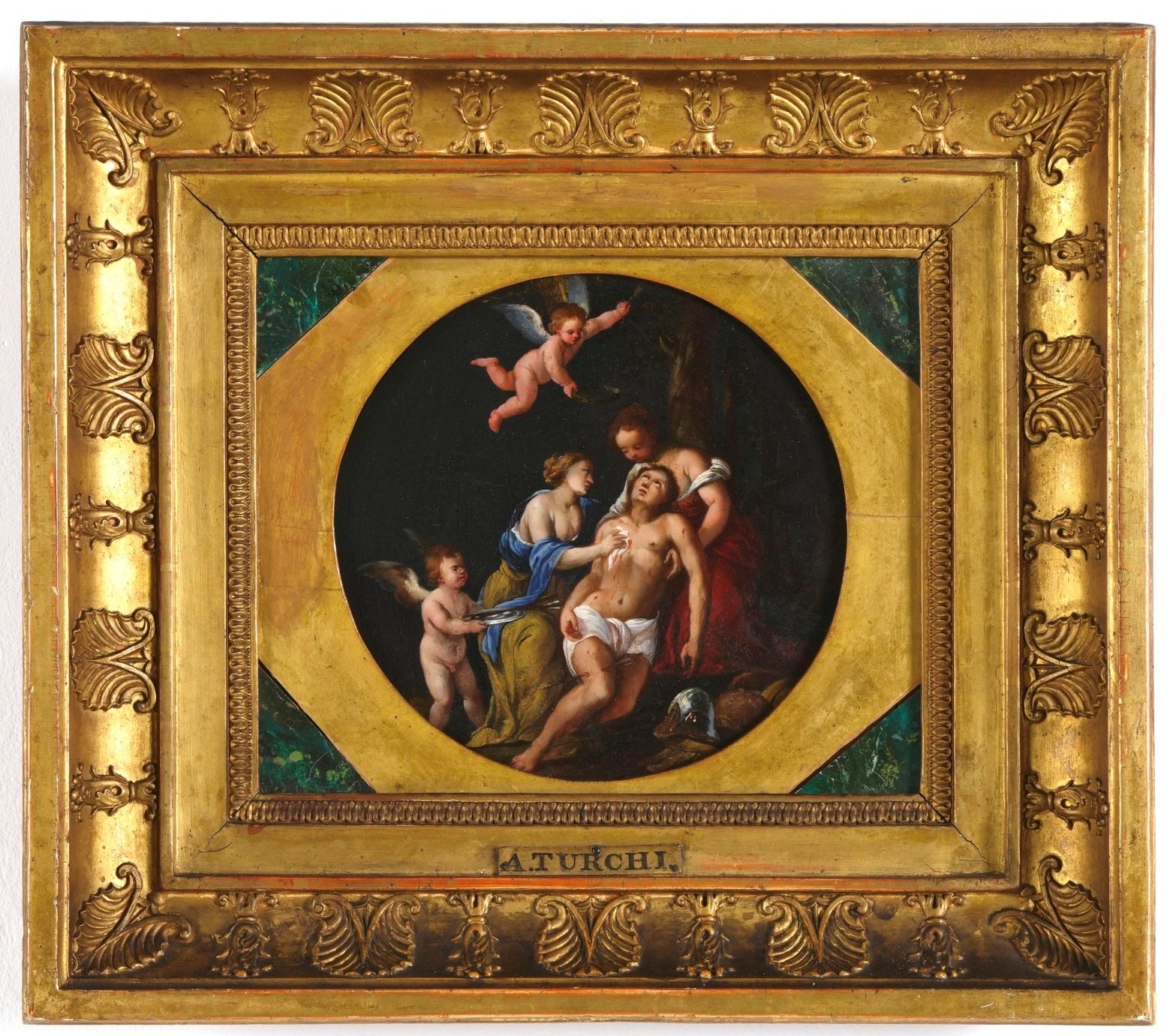 Scuola veronese, San Sebastiano curato dalle Pie donne, olio su lavagna circolare