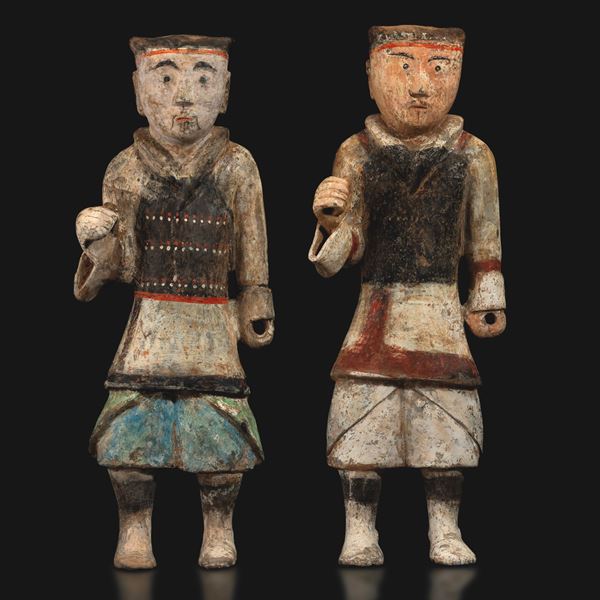 Pair of polychrome terracotta warriors, China, Han Dynasty (206 BC–220 AD).