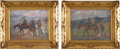Pittore del XIX-XX Secolo Paesaggi con Cavalli e Personaggi