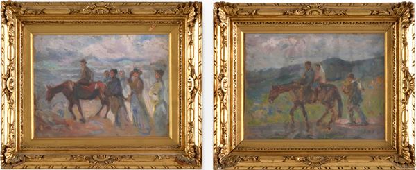 Pittore del XIX-XX secolo Paesaggi con cavalli e personaggi
