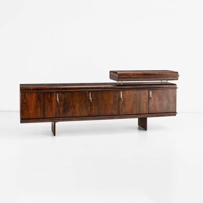 Mobile contenitore della serie Pellicano, legno e ottone nichelato, 1960 circa