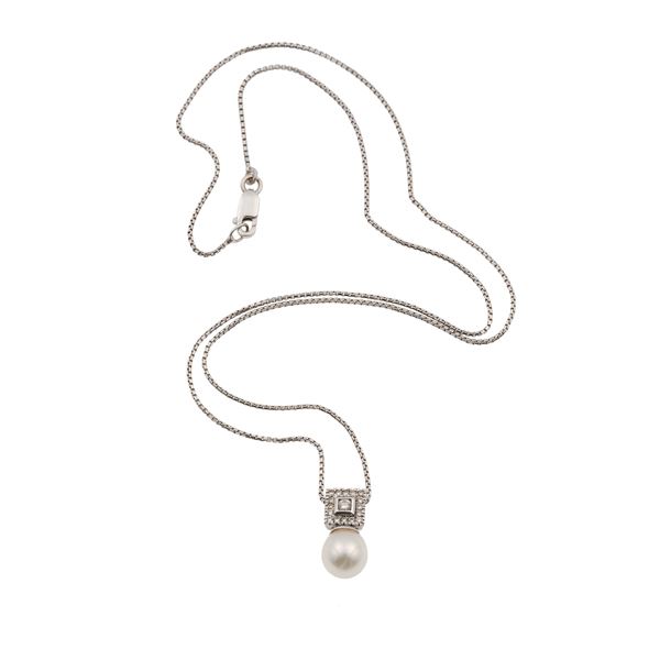 Diamond, cultured pearl and gold necklace