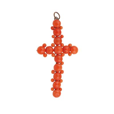Pendente 'Croce' in metallo con corallo, cm 6,5 x 3,5 - gr. 5,5