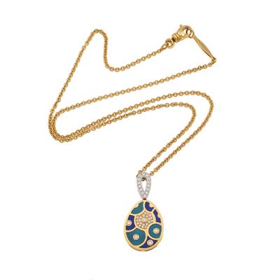 Fabergé, Girocollo con pendente 'ovetto' in oro giallo 750 con smalti policromi e diamanti