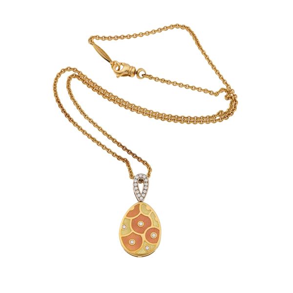 Enamel, diamond and gold pendent necklace. Signed and numbered Fabergé n. 12/500