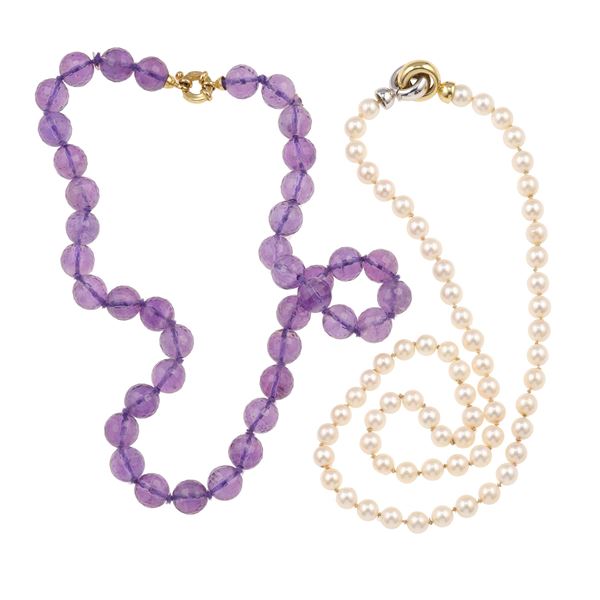 Two gold, cultured pearl and amethyst necklaces