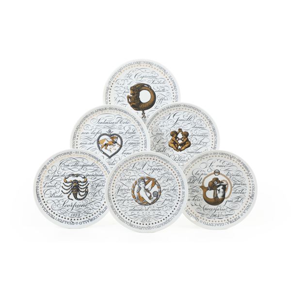 Sei piatti “serie zodiaci”.<BR>Milano, Fornasetti per gioelleria Perugia.
