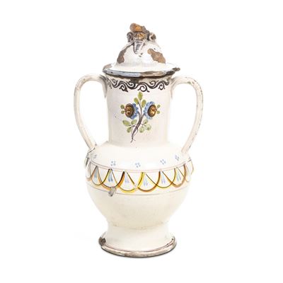 Manifattura di Grottaglie (Puglia), Vaso biansato con coperchio, maiolica, XIX secolo