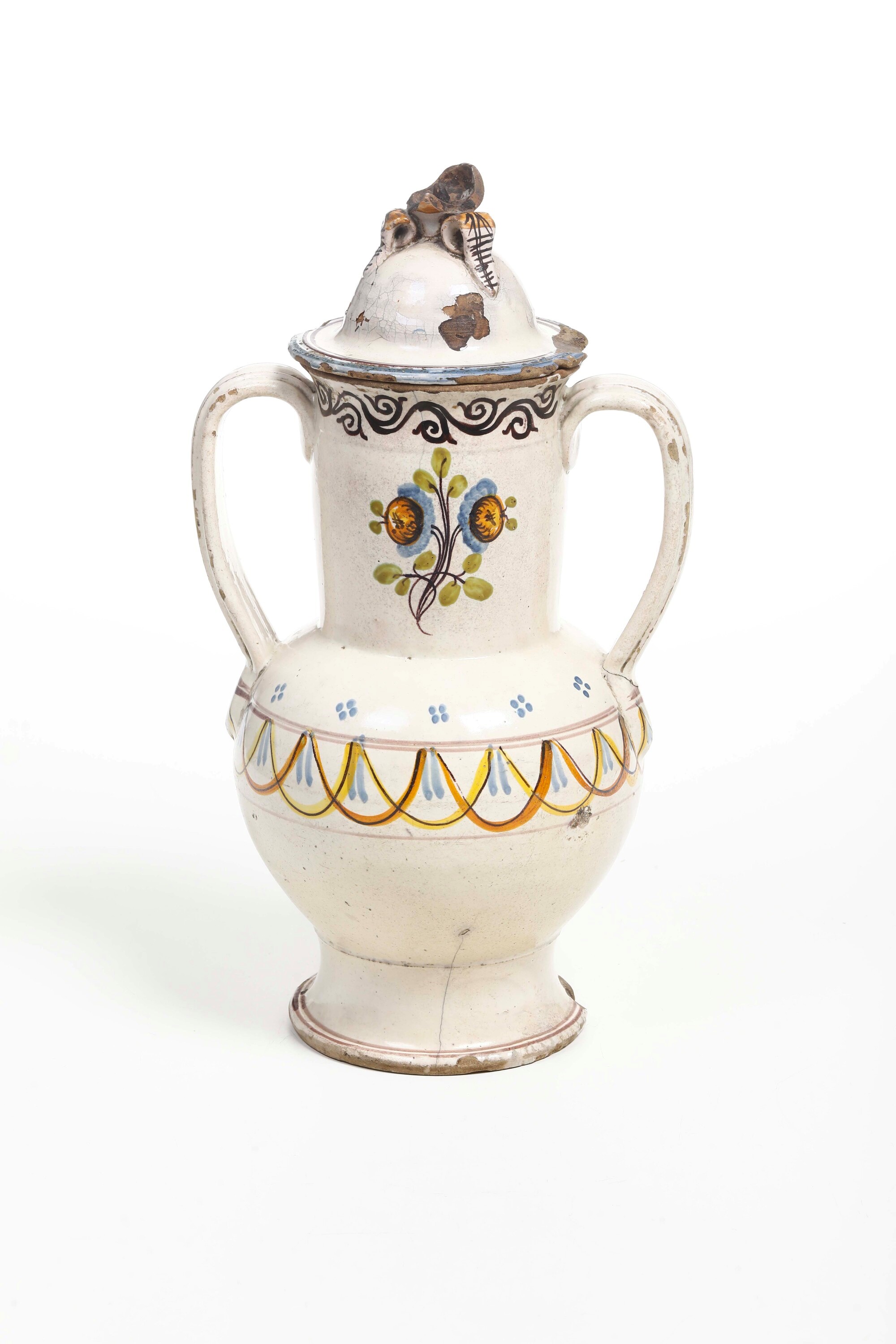 Manifattura di Grottaglie (Puglia), Vaso biansato con coperchio, maiolica, XIX secolo