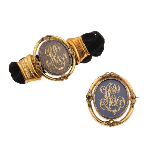 Demi-parure composta da bracciale e spilla da lutto
