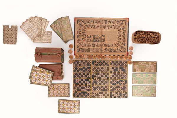 Lotto di elementi del gioco della tombola e del gioco dell'oca. Italia, 1790 e epoche successice